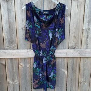 Yumi Kim Dress Mini Kimono Style Sleeve Drape Neck 100% Silk‎ Floral Blue XS NWT